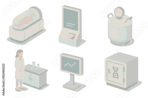 Cryogenic Preservation Systems. Isometric vector illustration set of cryogenic preservation systems: vitrification process chamber
