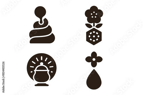 Elegant Confection Icons. Solid style icons of elegant confection points: caramel node, nectar pivot, sugar hub, blossom junction,
