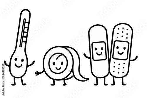 Cheerful First Aid Kit. Playful doodle art of basic first aid kit essentials — thermometer, tape, and bandages — smiling as they