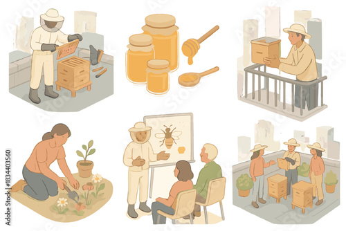 Urban Beekeeping Icons. Isometric vector illustration set of urban beekeeping icons: rooftop hive health check with beekeeper