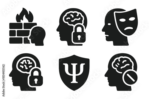 Psychic Privacy Icons. Solid style icons of privacy shielding in telepathy: psychic firewall icon, brain-lock ring, mental mute
