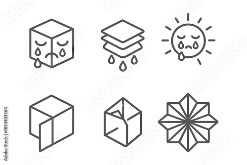 Multidimensional Sorrow Icons. Line style icons of lamenting multidimensional charm: weeping cube, layered tears, radiant sorrow,