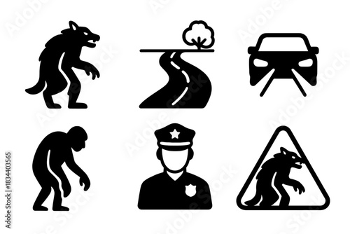 Cryptid Sightings at Night. Line style icons of Cryptid Research: Beast of Bray Road, country road, glowing headlights, hunched