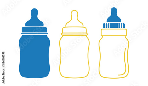 Three baby bottles in blue and yellow outline on a white background feeding bottle infant bottle