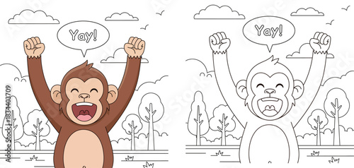 Cute cartoon monkey cheering with arms up and speech bubble saying Yay, colored character with black and white nature background line art vector illustration