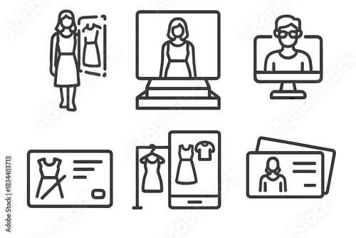 Hybrid Fashion Icons. Line style icons of hybrid fashion shows: real model with AR overlay, screen-on-stage model, remote designer