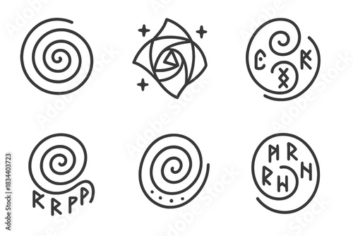 Sacred Spiral Icons. Line style icons of sacred spiral motion: circular vortex with balanced script, whirling geometry with light