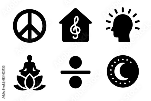 Symbolic Stillness Icons. Solid style icons of symbolic stillness: floating peace emblem, harmonic refuge symbol, glowing aura