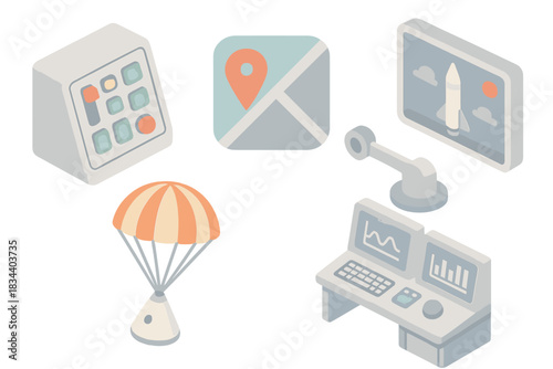 Mission Control Icons. Isometric vector illustration set of flight mission control assets: ignition and launch sequence panel, GPS