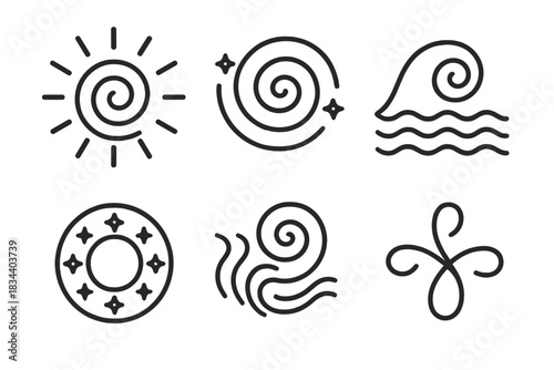 Innovative Sacred Flow Icons. Line style icons of innovative eddy of sanctification: radiant ripple, purified spiral, enlightened