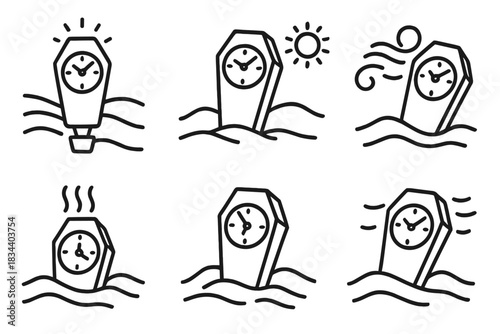 Desert Timekeepers. Icons for: hot air coffin clocks glowing in dunes, thermal sarcophagi marking heat time, rising current