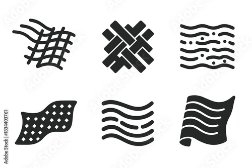 Textile Motion Icons. Solid style icons of textile motion: traveling fabric grid, interlaced path weave, nomadic thread mesh,