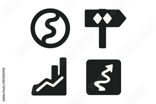 Trail Difficulty Icons. Solid style icons of beginner vs expert trails: green path glyph, double black icon, sign badge. Route