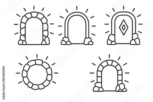 Radiant Mineral Arches. Icons for: mineral entryway halos, glowing stone arch outlines, radiant ore door symbols, luminous mineral