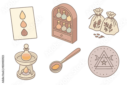 Esoteric Perfume Icons. Isometric vector illustration set Esoteric perfume oil blending notes: essence layering guide sheet,