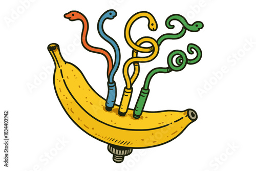 Whimsical Banana Comparator. Whimsical doodle banana jack port labeled as a “comparator” with bright cables coiling playfully like