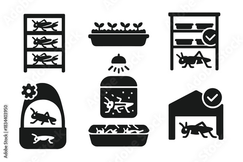 Insect Farming Icons. Solid style icons of insect farming for food: vertical cricket farm, eco-feed tray, clean insect rack. Smart