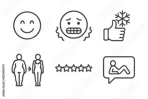 Cryotherapy Icons Overview. Line style icons of cryotherapy user experience: satisfaction smile, shivering emoji, thumbs up cold,