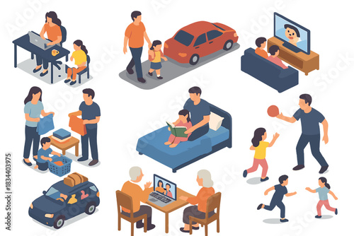Family Life Moments. Isometric vector illustration set of Family: mom working from home with kids, dad doing school drop-off,