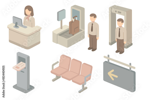 Airport Process Icons. Isometric vector illustration set of airport process tools: airline counter, baggage drop station, security