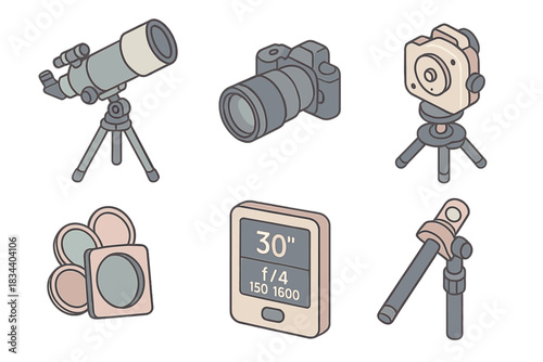 Night Sky Photography. Isometric vector illustration set of night sky photography workflow: mounted telescope, camera with lens,