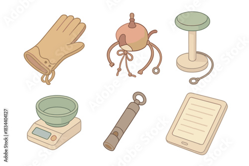 Raptor Handling Icons. Isometric vector illustration set of raptor handling tools: leather glove, falcon hood, tethered perch,