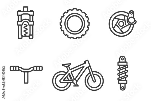 Mountain Bike Icons. Line style icons of mountain bike features: suspension fork, knobby tires, disc brakes, rugged frame,