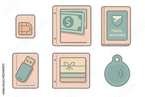 Wallet Organization Essentials. Isometric vector illustration set Personal wallet item organization guide: spare SIM card slot,