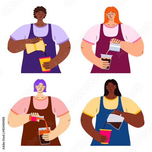 Set of different female baristas prepare several types of coffee. Perfect for café menus, coffee shop branding, web graphics, and printed materials. Hand-drawn vector isolated on a white background.
