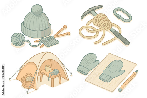 Winter Expedition Knitting Icons. Isometric vector illustration set of winter expedition knitting icons: reinforced beanie project
