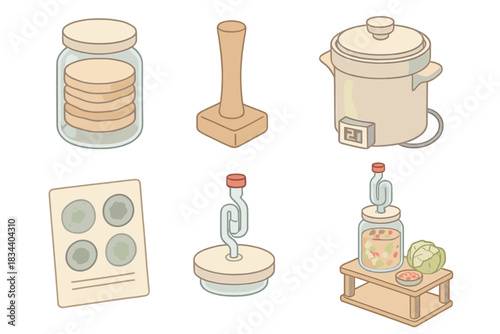 Fermentation Tools Set. Isometric vector illustration set of fermentation tools: SCOBY hotel jar with layered cultures, wooden