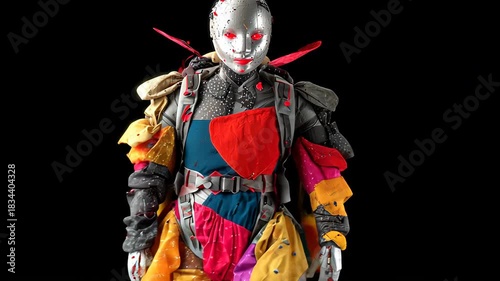 Futuristic Creepy Costume Art: Avant-Garde Character Design with Colorful Masks and Textured Fabrics in Surreal Performance Art