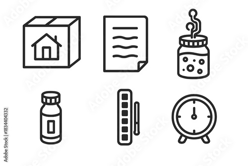 DIY Fermentation Icons. Line style icons of DIY fermentation kits: home kit box, instruction sheet, fermentation jar, DIY starter