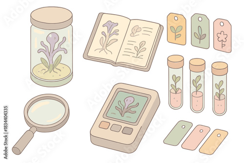 Extraterrestrial Botany Tools. Isometric vector illustration set of extraterrestrial botany tools: alien plant specimen jar, field