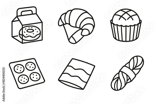 Bakery Packaging Icons. Line style icons of bakery edible packaging: pastry box with sugar glass, croissant wrap shell, sweet