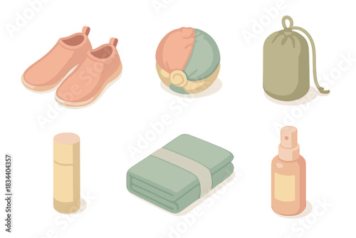 Beach Day Essentials. Isometric vector illustration set Beach day essentials packing list: water shoes pair, beach ball deflated