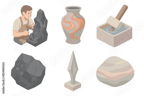Geological Artistry Icons. Isometric vector illustration set of geological artistry icons: artisan shaping obsidian sculpture,
