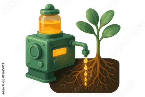 Nutrient Droplet Dispersal. a compact automated nutrient dispenser releasing glowing droplets into plant roots, jade and amber