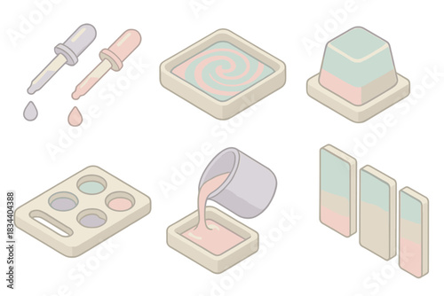 Colorway Design Icons. Isometric vector illustration set of colorway design process: pigment dropper tools, resin swirl pattern