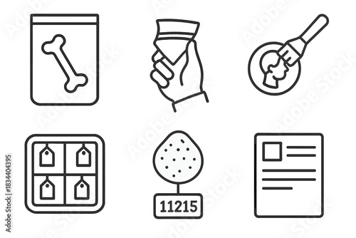 Artifact Handling Icons. Line style icons of artifact handling training: labeled bone bag, ceramic shard in hand, coin with brush,