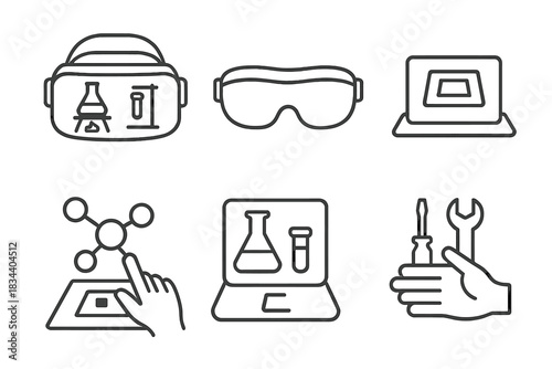 Virtual Lab Innovations. Line style icons of VR and AR virtual labs: VR headset with lab view, mixed reality goggles, AR marker on