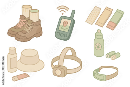 Hiking Essentials Icons. Isometric vector illustration set Weekend hiking preparation and trail essentials: hiking boots with