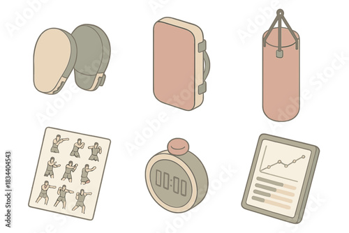 Muay Thai Essentials. Isometric vector illustration set of Muay Thai workout essentials: focus mitts, kick pad, punching bag,