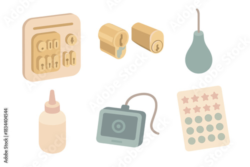 Safe Practice Station. Isometric vector illustration set of safe practice station: lock training board with multiple cylinders,