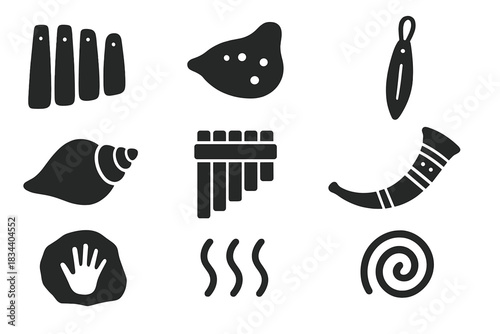 Prehistoric Instruments Icons. Solid style icons of prehistoric musical instruments: lithophones, clay ocarinas, bullroarers.