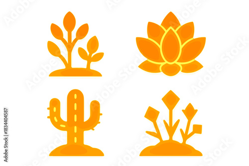 Neon Botanical Icons. Solid style icons of radiant botanical charts: glowing desert shrubs, luminous succulents, neon cacti,