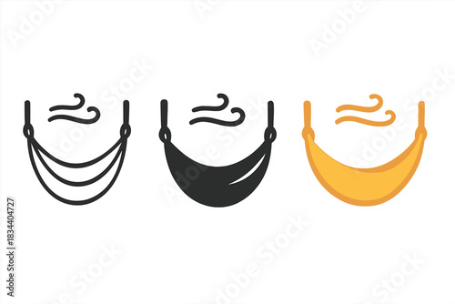 Hammock Icon Trio. three minimal vector icons of a hammock gently swaying in a soft summer breeze, line outline style, solid glyph