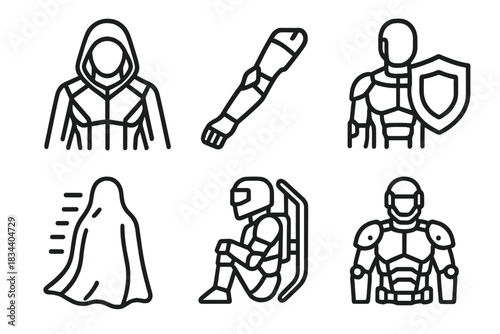 Futuristic Exosuit Icons. Line style icons of futuristic exosuit concepts: stealth suit icon, nano-fiber brace, energy shield