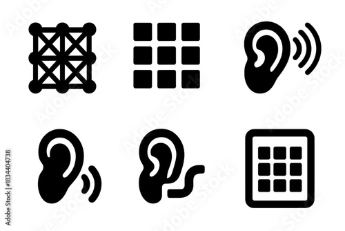 Sonic Structure Icons. Solid style icons of sound-receiving structures: sonic lattice, auditory grid, listening channel, aural