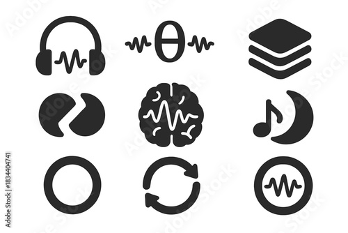 Binaural Beat Icons. Solid style icons of binaural beats and lucid audio: headphones with wave, theta beat symbol, audio layer pad